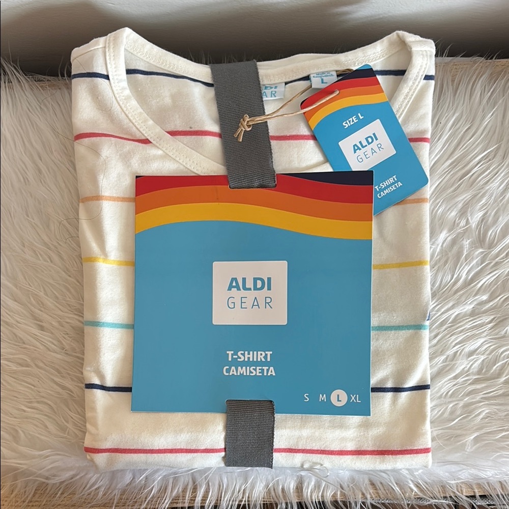 Aldi Merch Tee Shirt - Adult Size Large Striped Shirt